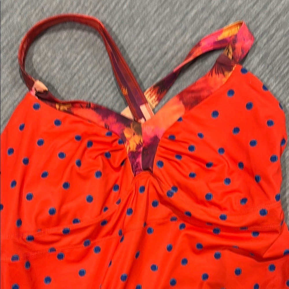 The North Face Orange Blue Polka Dot Tankini Swim Top Cross‎ Back Shelf Bra - Picture 4 of 8
